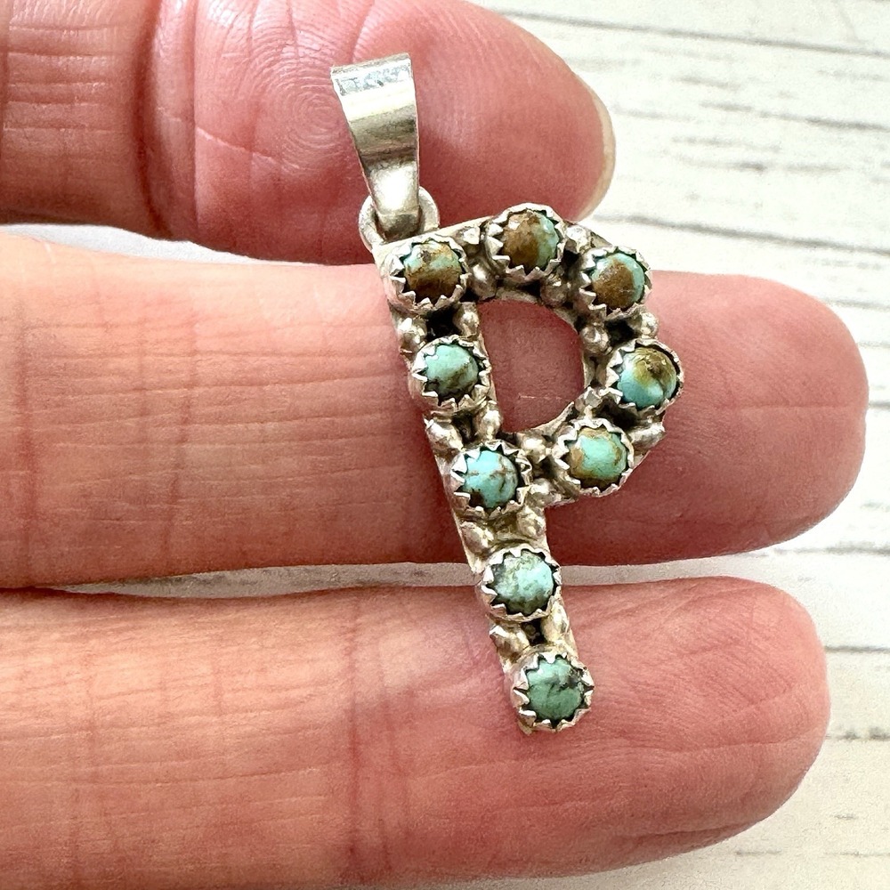 Initial Letter P Navajo Turquoise Pendant Sterling 925 Signed Native American
